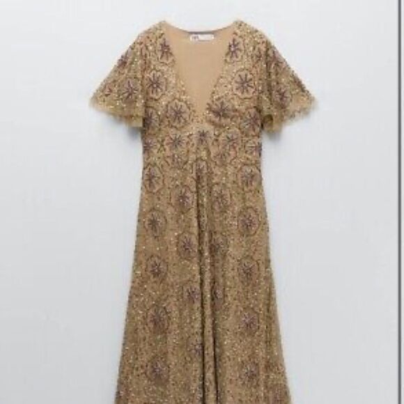 Zara Limited Edition Dress - Crotchet w Beading Tan Dress - Size XS - NWT - Picture 1 of 6